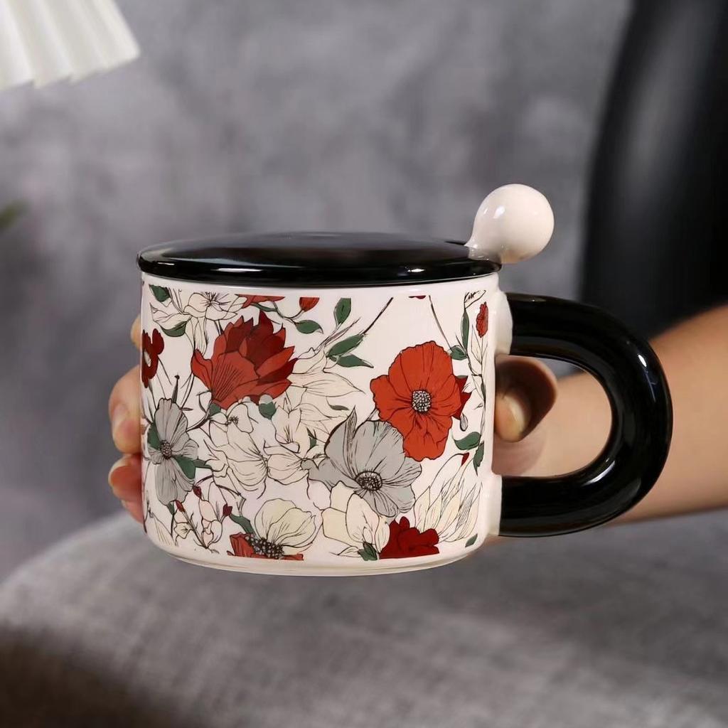 Light Luxury Flower Ceramic Cup With Lid Spoon High Value Household Drinking Cup Office Coffee Cup Teacup Mug