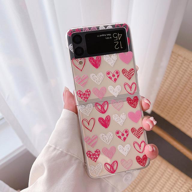 

Прекрасный красочный чехол для телефона с сердечком для Samsung Galaxy Z Flip 3 5g, прозрачная жесткая задняя крышка из ПК с портативным браслетом For Samsung Z Flip 3
