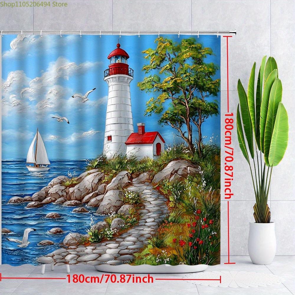 1pc Ocean Landscape Lighthouse Shower Curtain Polyester Fabric Bathroom Decor Beach Scene Sailboat and Seagulls Design Bath Tu