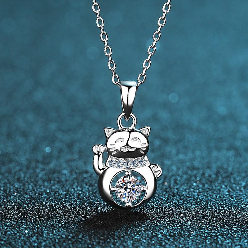 Sterling Cat Pendant Necklace With Moissanite Stone Adjustable Chain Women Cute Animal Jewelry 925 Sterling Silver