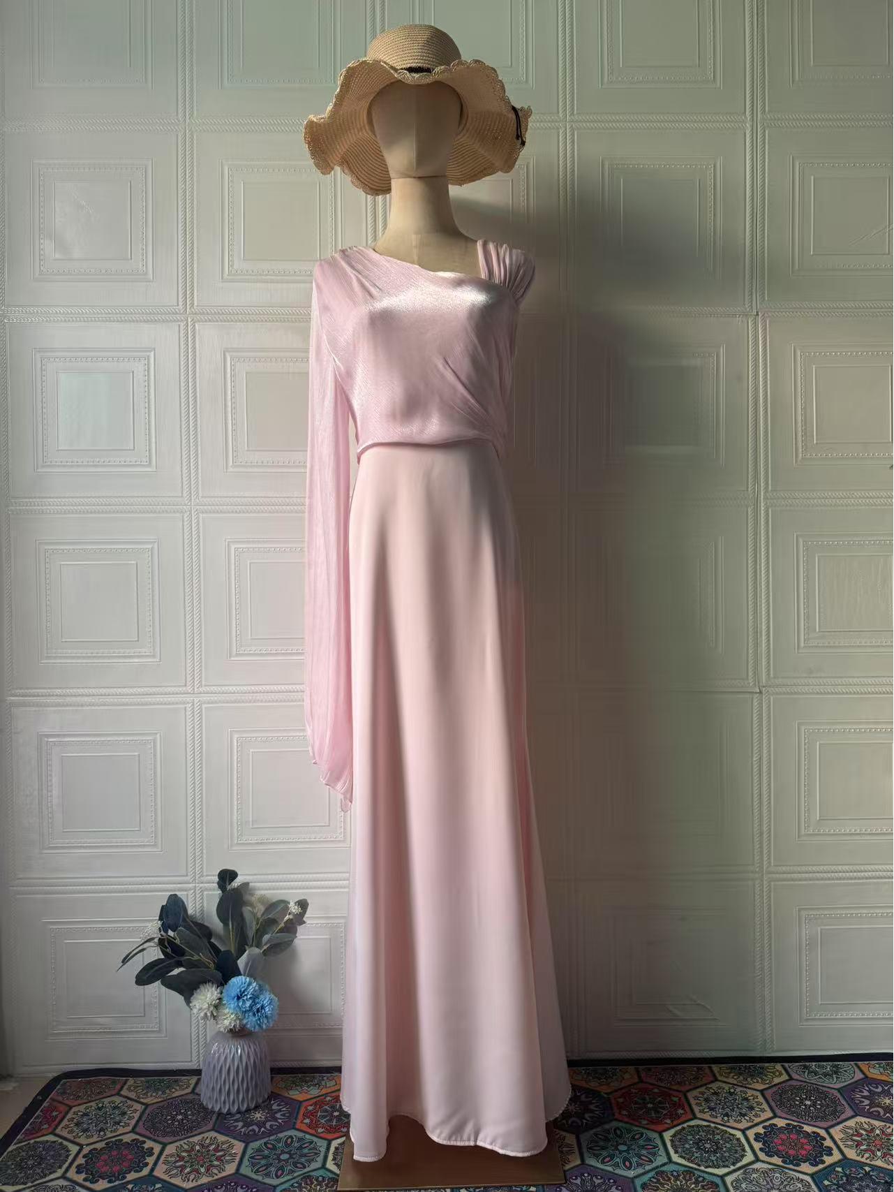 

2025 Весна Розкішне Легке Струмуюче З Довгим Рукавом Приталене Шовковисте Жіноче Плаття Large світло-рожевий колір