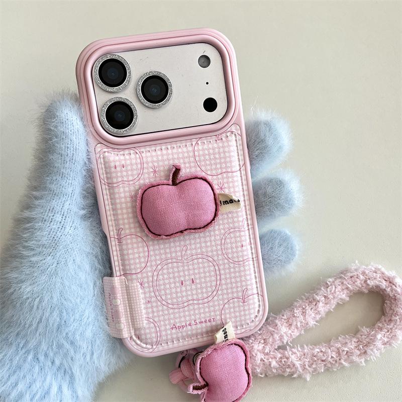 Rosa Karomuster 3D Apfel Handyhülle & Lanyard für iPhone 14, 15, 16 Pro Max, 17