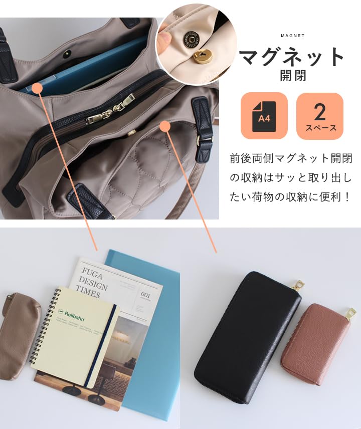 Lizdays Quilted Nylon Tote B5 Diaper Commuter Bag Women's Bag, Lightweight, Size, Bag, (Gray Beige/Black)