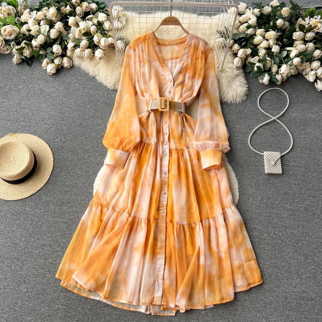 Women French Fashion Single Breasted V Neck Long Dress With Belt Summer Autumn Elegant Print A-line Robe Female Holiday Clothes