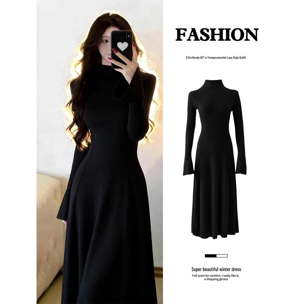 Women's Red Slim Knit High-Neck Dress with Inner Layer - Perfect for Autumn & Winter, New Year Outfit.