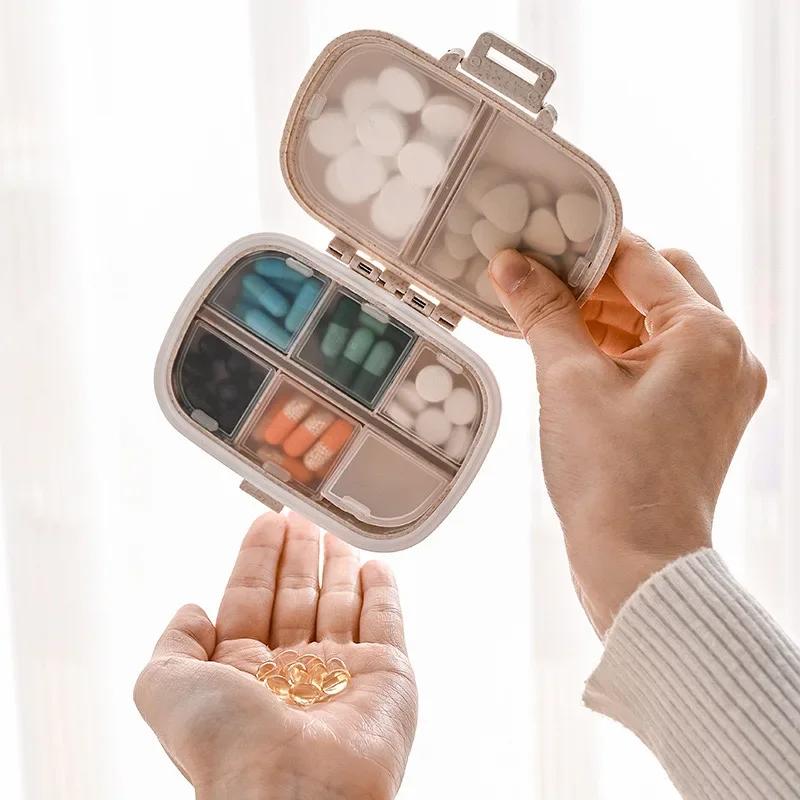 Tablets Wheat Organizer 8 Grids Pill Box Straw Container For MedicinesTravel With Seal Ring Small Box For Container For Tablets