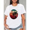 Coconut Tree And Sun Graphic Round Neck Sports T-shirt, Comfortable Soft Short Sleeves Causal Workout Tops