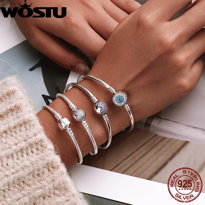 WOSTU 100% 925 Silver Original Bracelets Snowflake Blue Eyes Zircon Chain Fit Women Bracelet & Bangle Luxury Jewelry