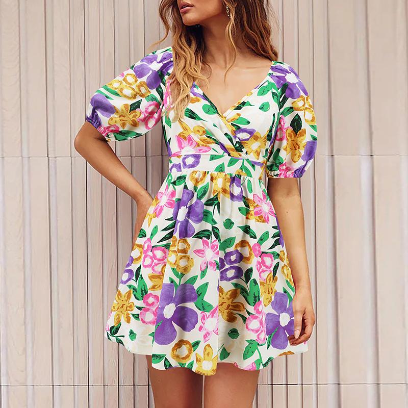 Women Summer Floral Printed V-Neck  Puff Sleeves Cut Out Casual Short Swing Dresses