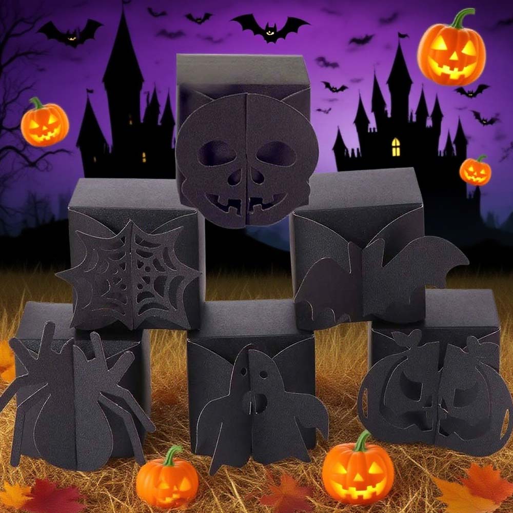 24pcs Paper Halloween Candy Gift Box Spider/Pumpkin/Ghost Pattern DIY Candy Packing Box Orange/Black Cookie Boxes Kids
