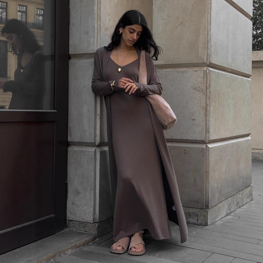 Women's Relaxed Two Piece Knit Set Long Sleeve Maxi Cardigan V Neck Sleeveless Midi Dress Outfit