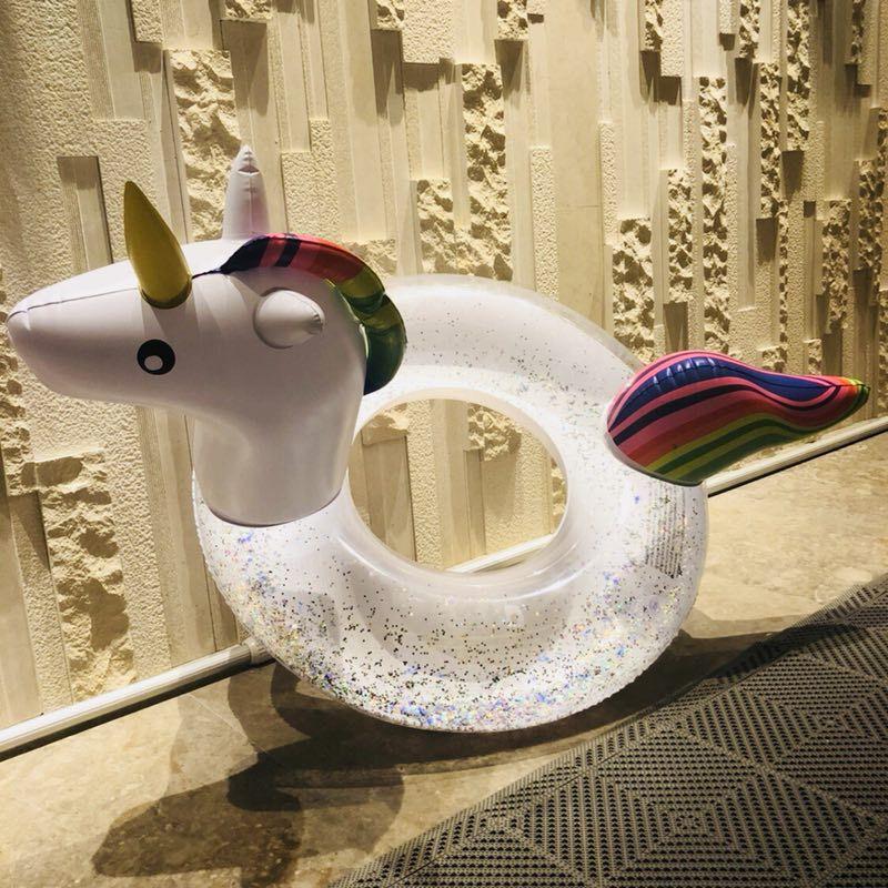 Inflatable Glitter Unicorn Swimming Ring Pool Tube Beach Party Toys Swim Raft Floatie Lounger for Kids and Adult Water Play