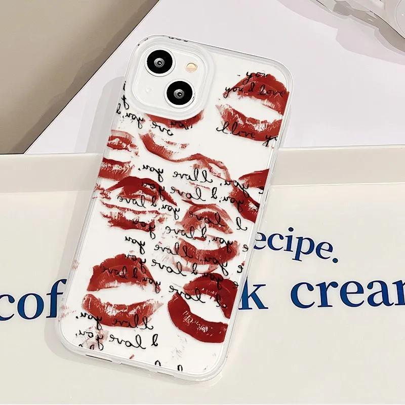 Simple Texts Full Screen Red Lip Print Phone Case For iPhone 17 AIR 16E 15 14 13 12 11 PRO MAX XSMAX XR 7 8 PLUS Y2K Matte Cover