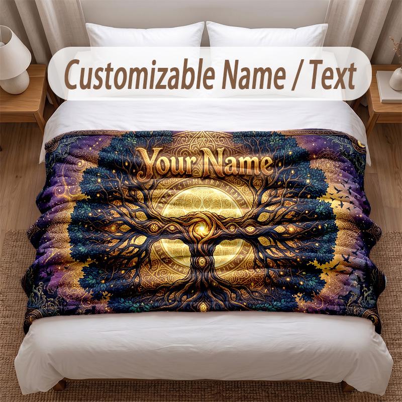 Tree of Life Theme Soft Blanket Personalized Custom Name Text Print Warm Blanket Home Sofa Bedroom Decor