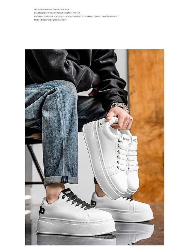 Męskie Wiosenne Oddychające Białe Sneakersy, Casualowe Buty Skate na Grubej Podeszwie Podwyższające Wzrost