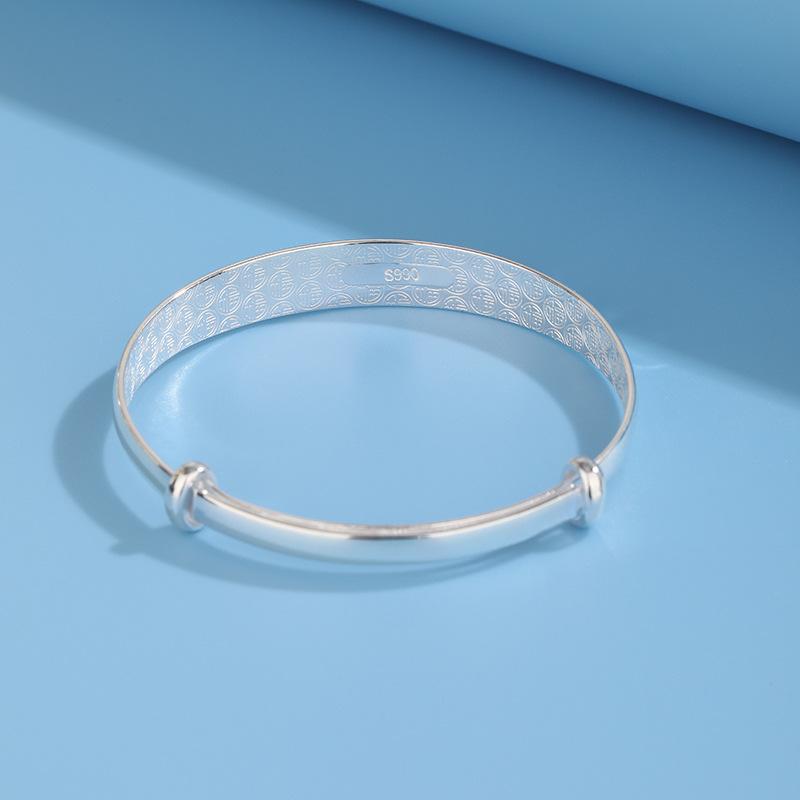 China-Chic National Style S990 Full Silver Bracelet Fu Word Bracelet Sterling Silver Women's Simple Temperament Silver Jewelry Queen's Day Gift