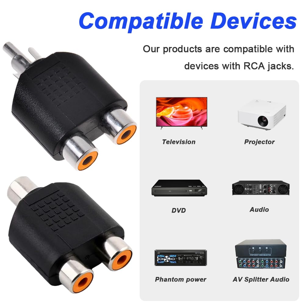 Xiatiaosann RCA Y Splitter RCA 1 Male to 2 Female Phono Connector AV Video Y Splitter RCA 1 Female to 2 Female Phono Connector AV Video Y Splitter for