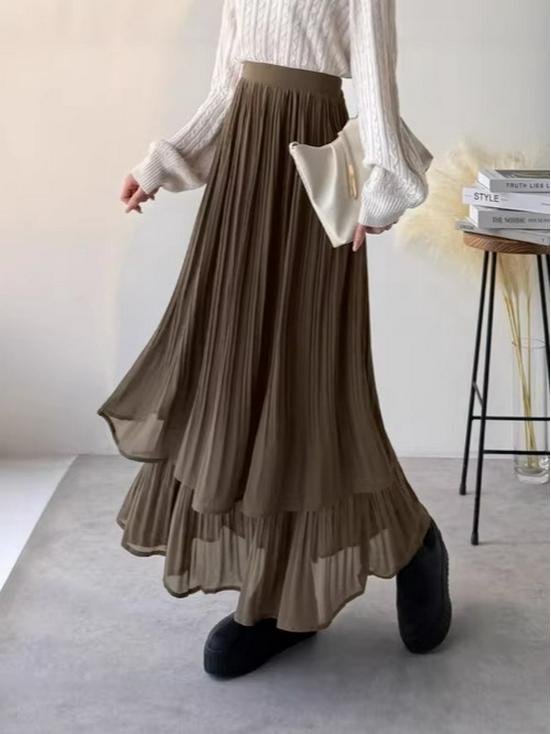 Elegant Japanese-Style Double-Layer Pleated Chiffon Skirt, Slimming and Versatile with an Elastic Waist