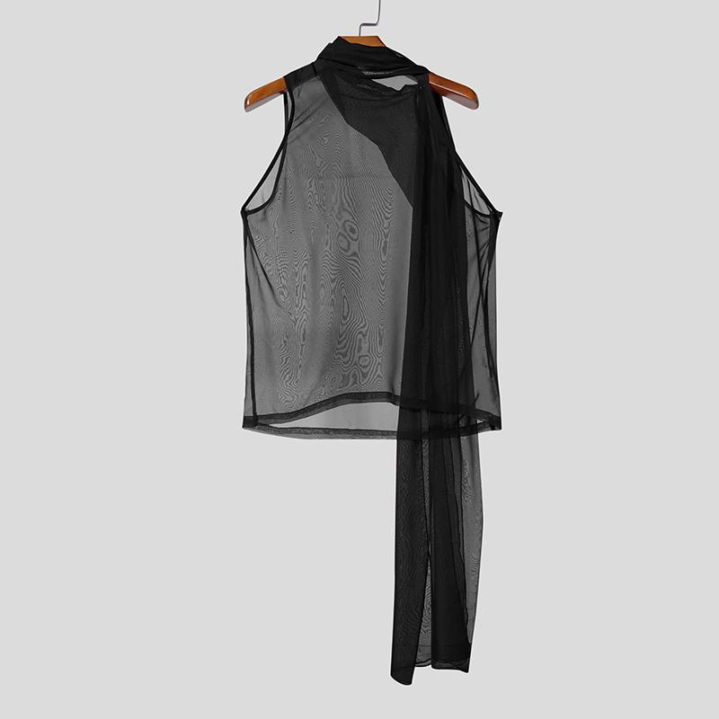 INCERUN Men Tie Neck Sleeveless See Through Mesh Sheer Party Club Tank Tops