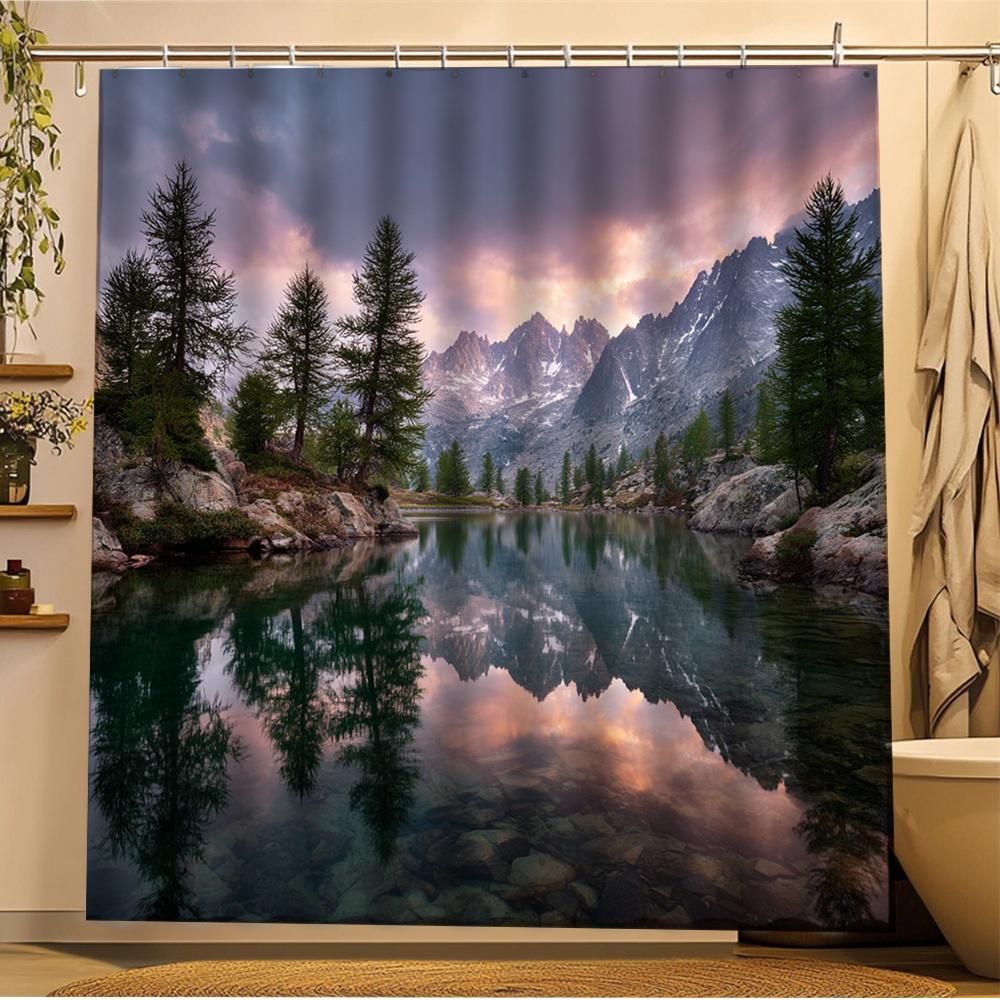 

1Pc Nature Scene Shower Curtain - Majestic Mountains & Serene Lake Reflections, 70.8X70.8 Inch, Polyester, Outdoor Home Decor W60H190(CM)-1 Pcs