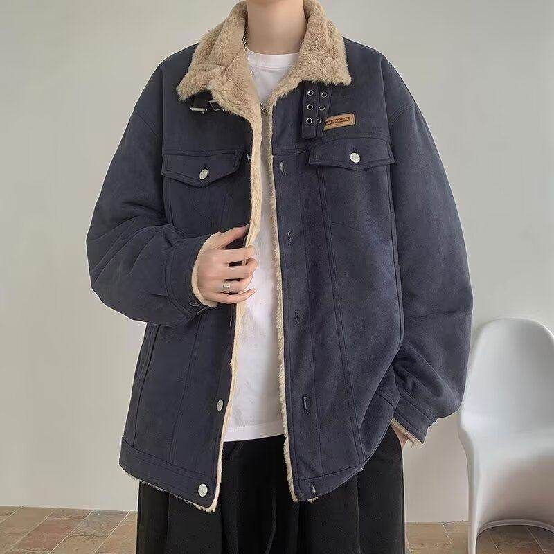 Dongjie No Logo Flus Deerskin Velvet Fleece-Lined Men's Winter Thickened Warm Workwear Cotton Jacket Trendy Cotton Coat