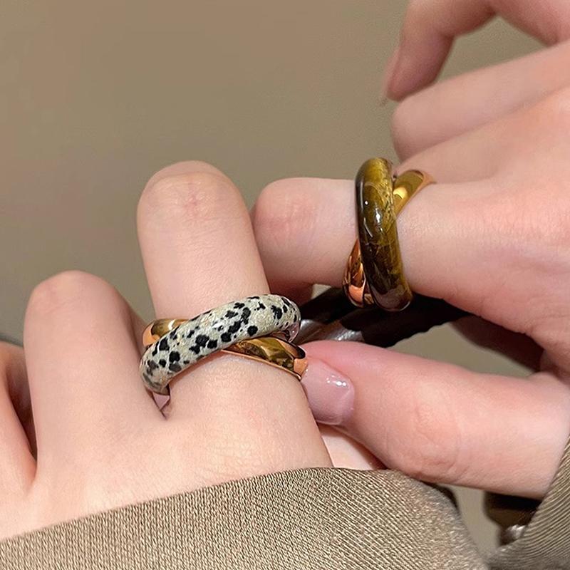 Fashion Double Layers Spotted Natural Stone Metal Round Circle Cocktail Rings For Women Gold Plated Alloy Finger Ring Gifts