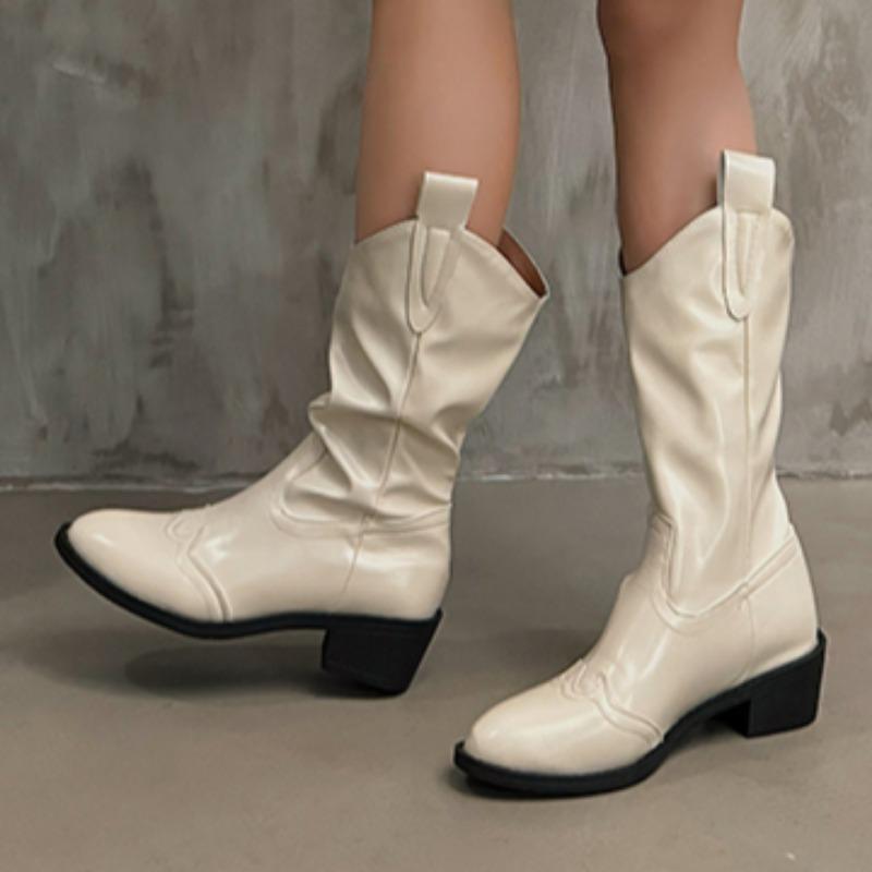 Pointed Toe Women High Boots Designer Chunky Leather Shoes Winter 2025 Trend Goth Pumps Shoes Fad Mid Calf Chelsea Botas Mujer