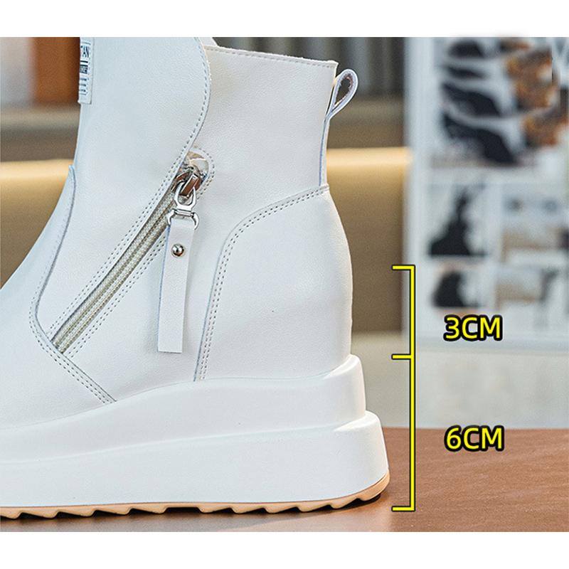 Genuine Leather Shoes Women Fashion Boots 9cm Height Increasing Shoes Flat Platform Ladies Ankle Boots Black Beige