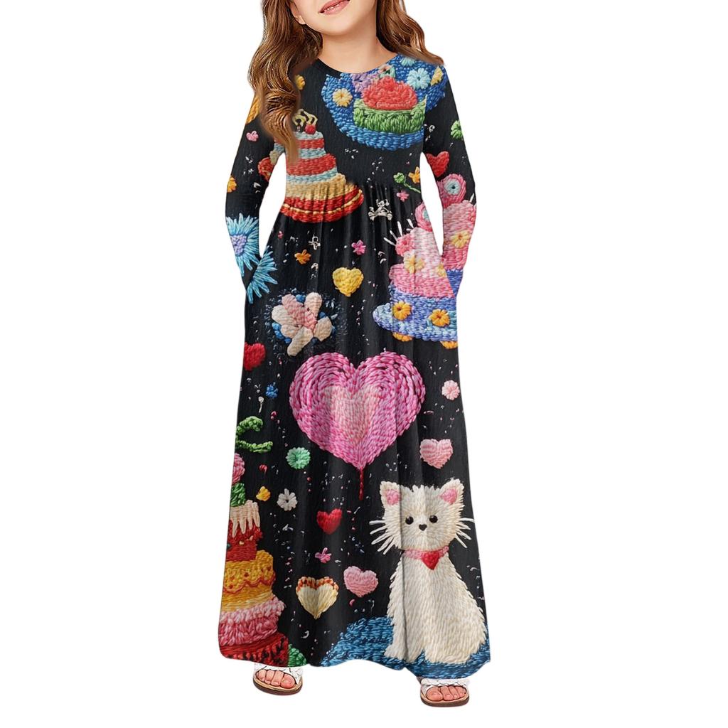 Girls' Maxi Dress - Long Sleeve Pocket Dress Valentine's Day