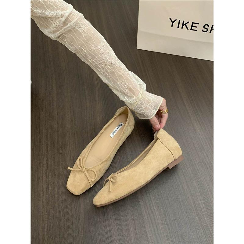 

Sheepskin version! Retro square head flat bottom ballet single shoes women s shallow mouth bow suede grandma shoes with skirt ladyshoes 39 абрикосовый