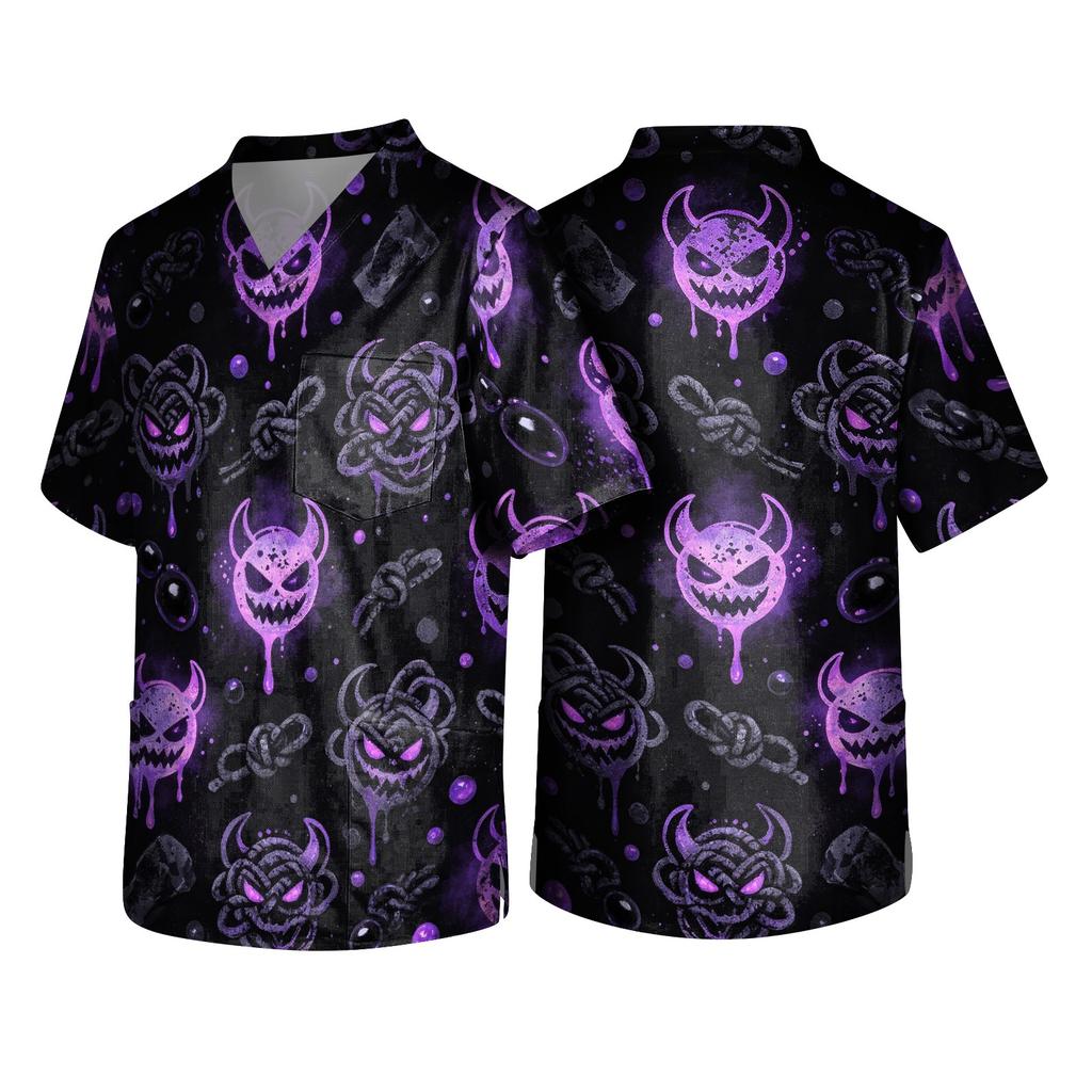 Pánský halloweenský potiskovaný V-výstřih s krátkým rukávem, zdravotnický top s kapsou, pro uniformu pečovatele, pracovní