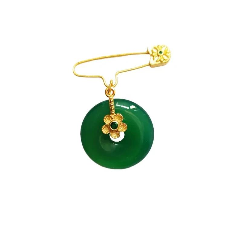 Classic Simple vintage Crystal Flower Broche Natural Hotan Jade Green Round Brooches for Women Banquet Jewelry