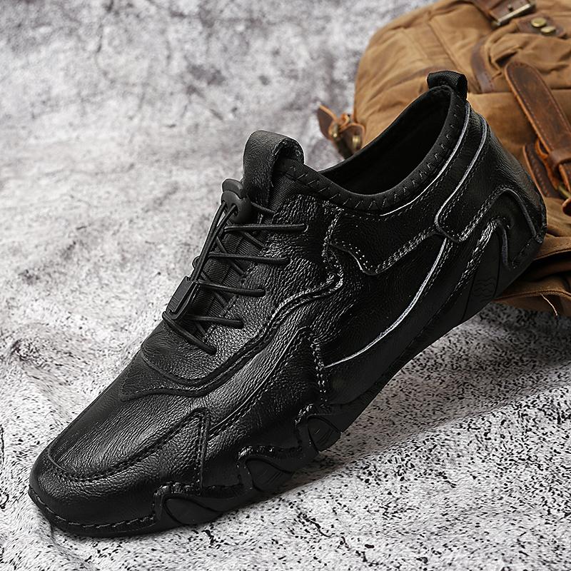 Leather Casual Shoes For Men Handmade Flats Sneakers Men No-tie Soft Moccasins For All Season Male Footwear Plus Size 38-46