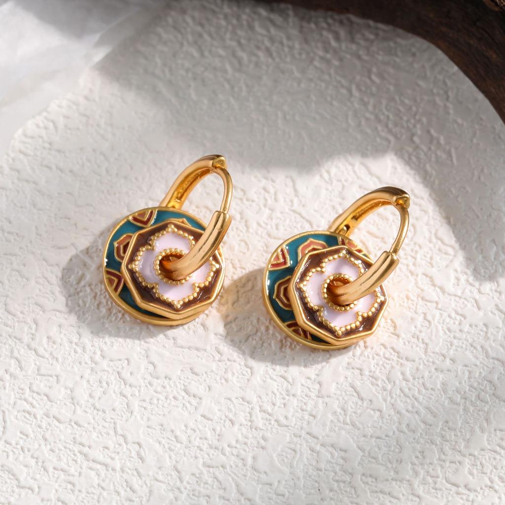 Retro color enamel new Chinese earrings drip glaze circle ethnic style niche light luxury high-end ear jewelry
