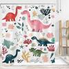 Cute Funny Dinosaur Shower Curtain for Kids Bathroom, Cartoon Dino Floral Plant Pattern White Polyester Fabric Animal Bathroom
