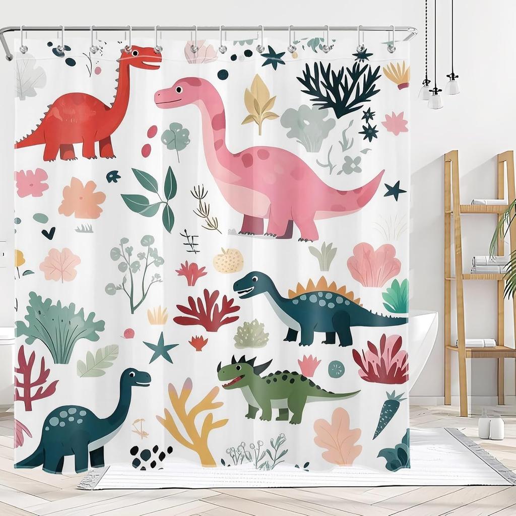 Cute Funny Dinosaur Shower Curtain for Kids Bathroom, Cartoon Dino Floral Plant Pattern White Polyester Fabric Animal Bathroom