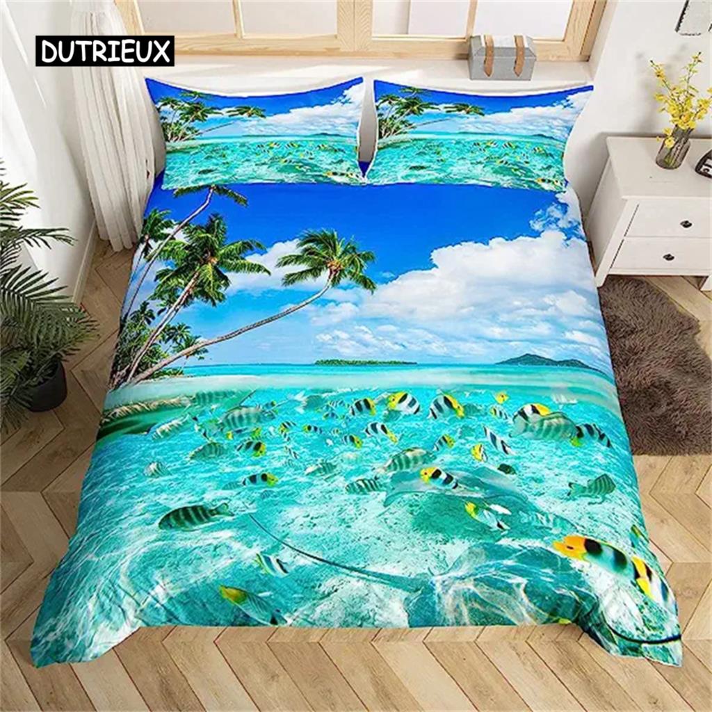Blue Ocean Duvet Cover Waves Bedding Set Hawaiian Tripocal Sea Wave Sea Beach Bedding Comforter Cover Microfiber for Women Men