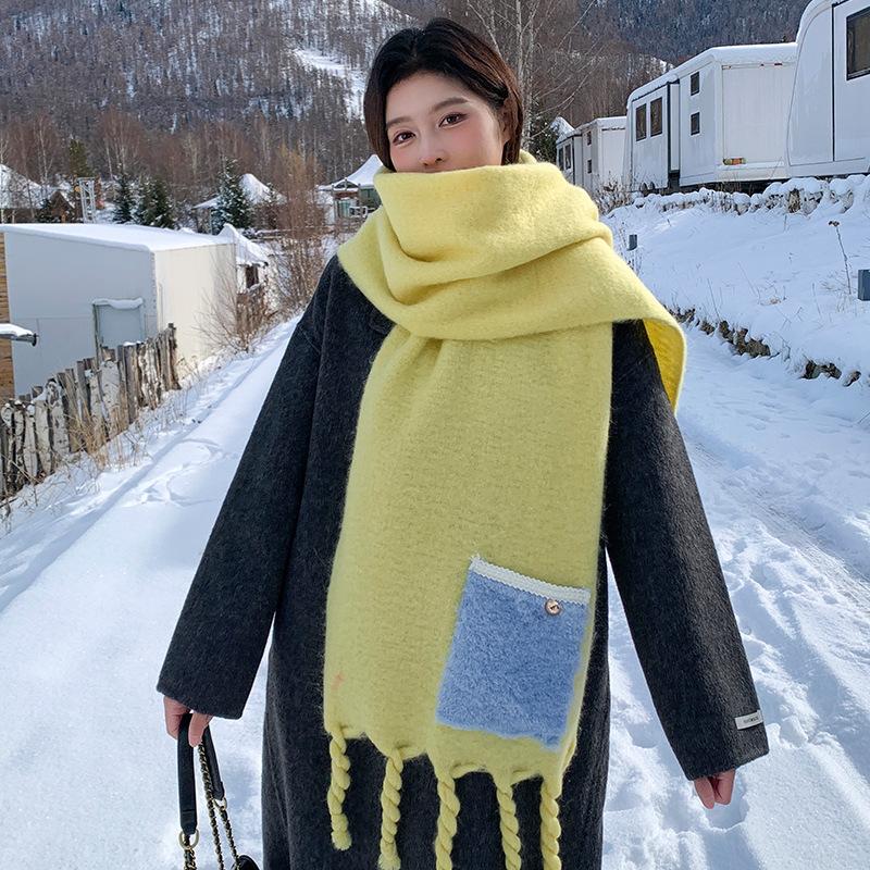 Fixed Dyeing Haze Blue~ Premium Hair Sensing Pocket Scarf Women's Winter Wool Shawl Thickened Plush Scarf