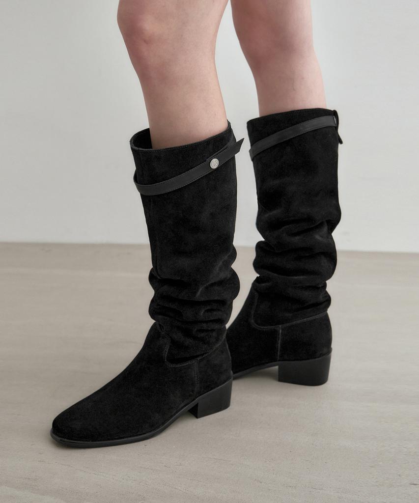 Mongdol Buckle Strap Cow Leather Suede Shirred Long Boots Mdac045_2 Colors