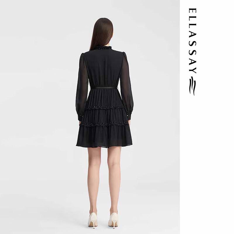 ELLASSAY Women's Autumn Chiffon Dress with Metal Chain