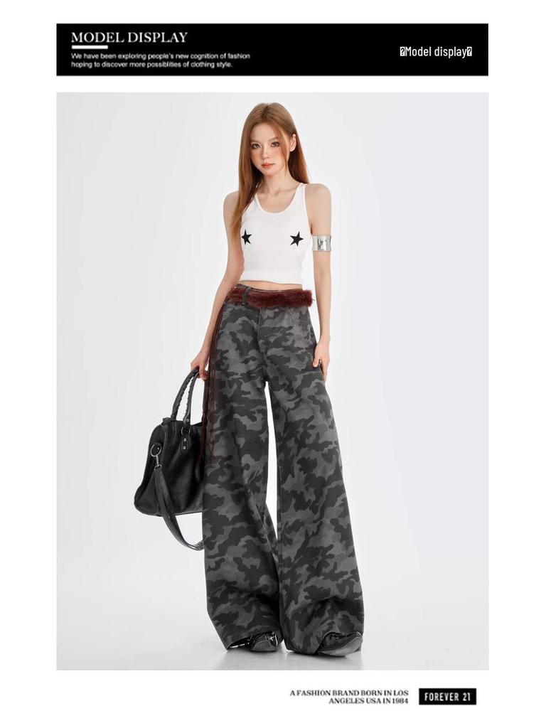Women's Vintage High Waist Camo Wide-Leg Jeans - Spring Slimming Loose Fit