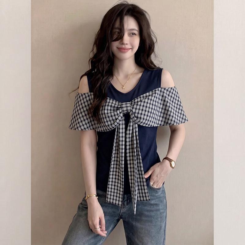 Spice Girl Style Bow Off-Shoulder Plaid Short Sleeve T-Shirt Women's Summer Slim-fit Skinny Design Navy Blue