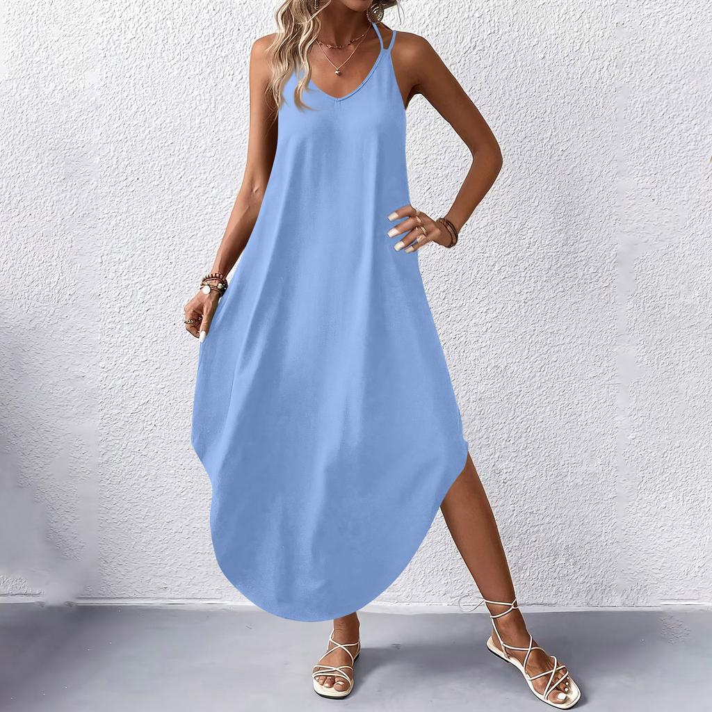 Women's Fashion Casual V-neck Sleeveless  Dresses Print Dresses Beach Long Dresses