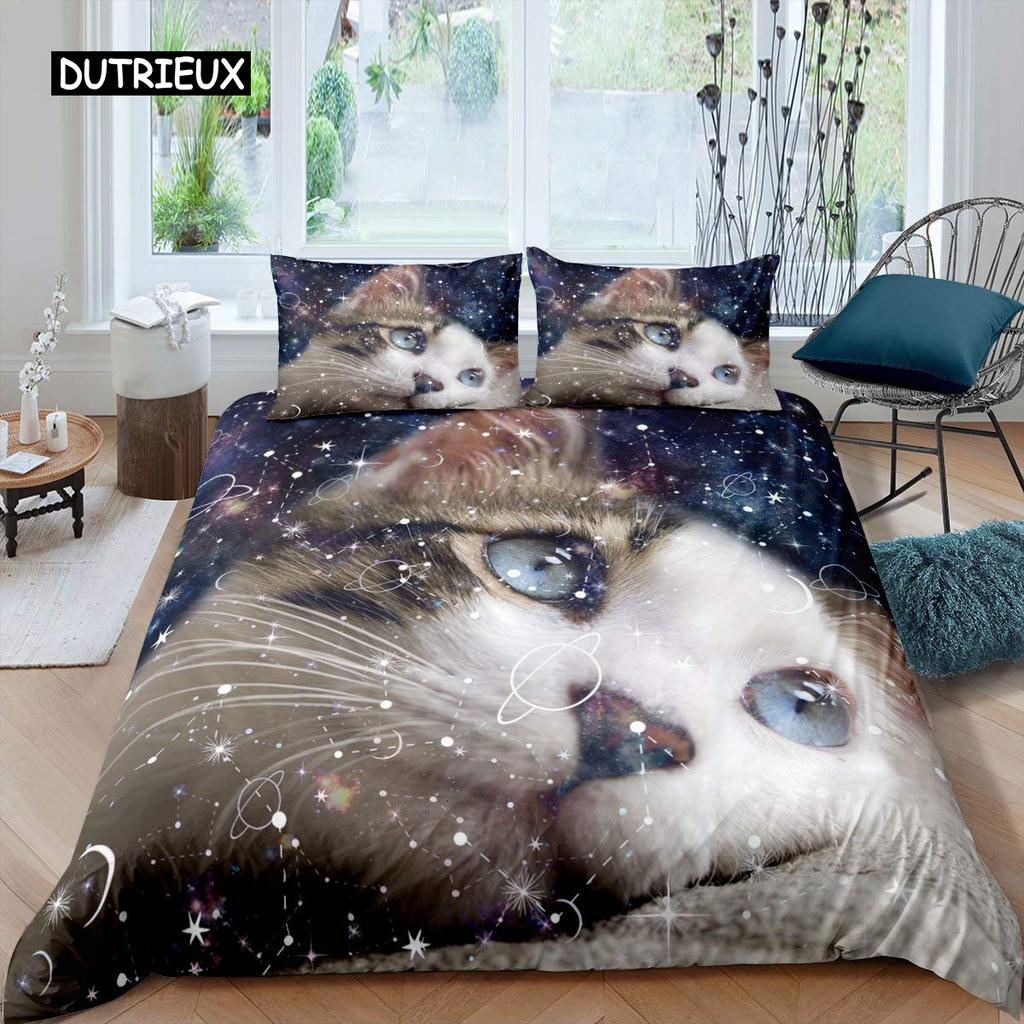 Galaxy Cat Duvet Cover Set Microfiber Universe Galaxy Bedding Set Cute Kitten Comforter Cover Outer Space Planets Quilt Cover