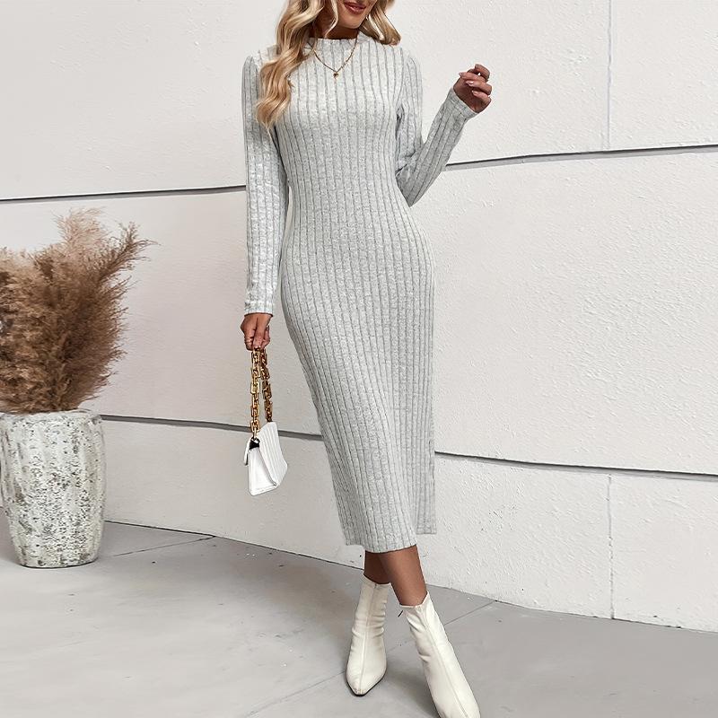 Women Spring Autumn Commuter Style Round Collar Long Sleeve Bodycon Casual Solid Color Knitted Package Hip Dress