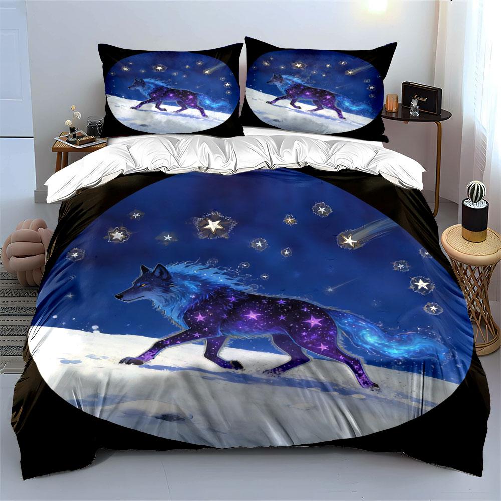 Starry Wolf Decor Set Soft Comfortable Duvet Cover Bedding Set Included 1*Duvet Cover & 2*Pillowcases, Gift