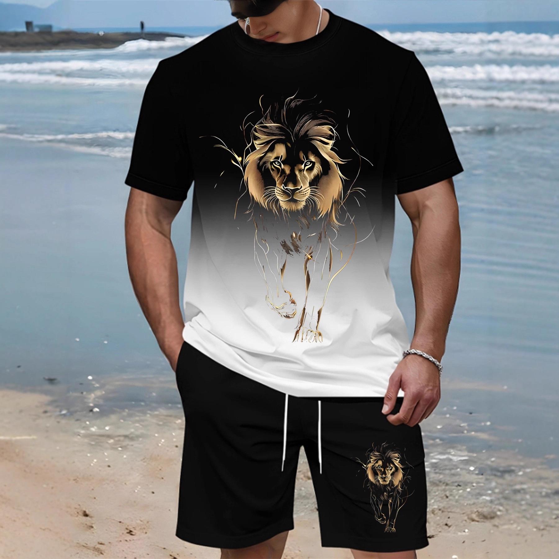 Fashionable Comfortable Men s Gradient Contrasting Digital Printed T-shirt Shorts Retro Record Printed Street Casual Short Sleeved Sports Wear 6XL