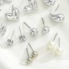 9 Pairs Stud Earrings Bright Silver Mirror Polished Hearts Snowflake Cubic Zirconia Faux Pearls Geometry Design Ear Studs