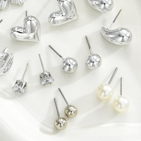 9 Pairs Stud Earrings Bright Silver Mirror Polished Hearts Snowflake Cubic Zirconia Faux Pearls Geometry Design Ear Studs