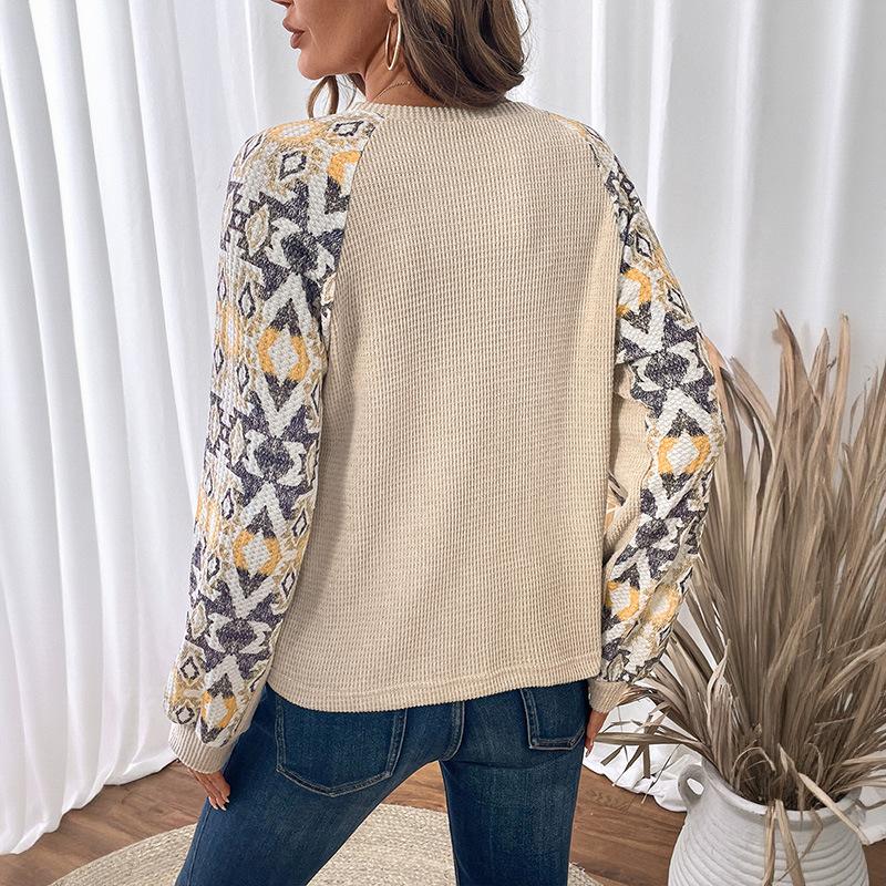YYFS Women's Fashion Casual Spring Autumn Rhombus Print Long Sleeve O-Neck Blouses & Shirts